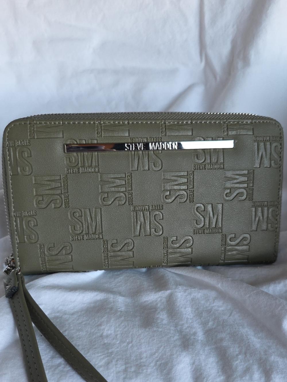 Steve Madden Olive Embossed Logo Zip Wallet with Wrist Strap